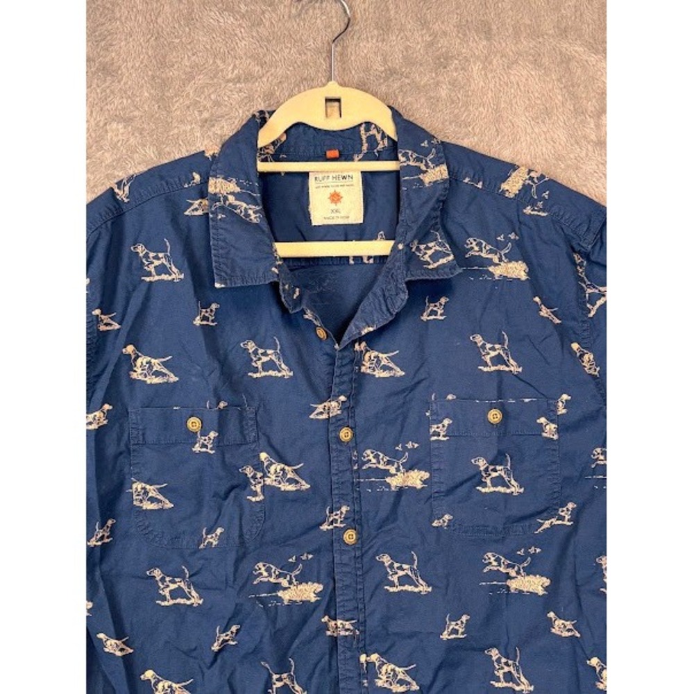 Ruff Hewn Mens XXL Blue Short Sleeve Button Down Hound Dog Print Hunting Shirt